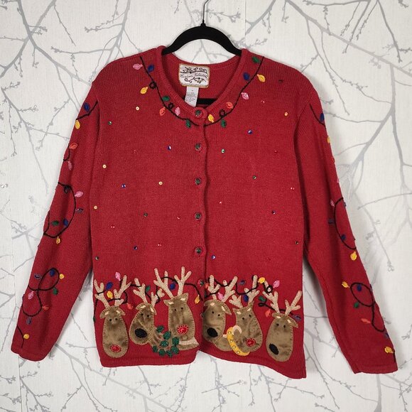 Heirloomn Collectibles Ramie Cotton Knit Festive Reindeer Cardigan - Picture 1 of 8